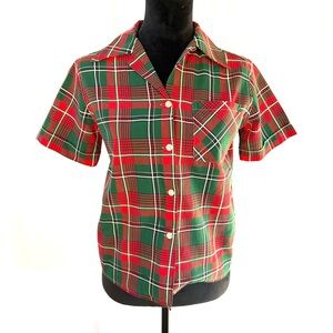 Vintage 1940s-50s Women’s Plaid Button Up Shirt - Red and Green